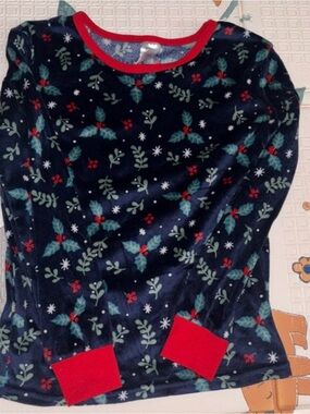 Modern kids  Navy Holly & Berry Pajama Top with Red Trim